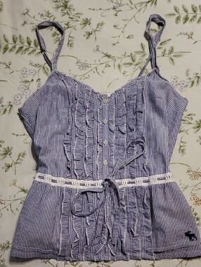 Abercrombie & Fitch Blue and White Striped Cami Top with Ruffle Trim